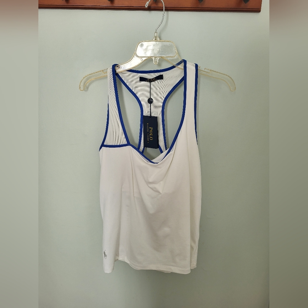 Polo Ralph Lauren Raceback Shelf Bra Tank‎ Blue Trim White XL New Activewear